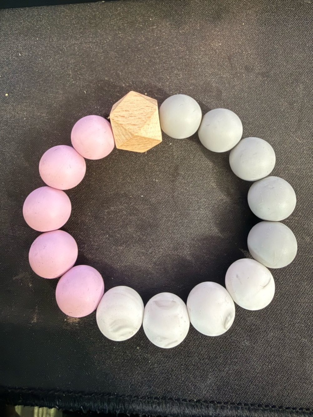 Pastel Silicone & Wood Beaded Stretch Bracelet Pink Gray White Minimalist Boho - Picture 3 of 6